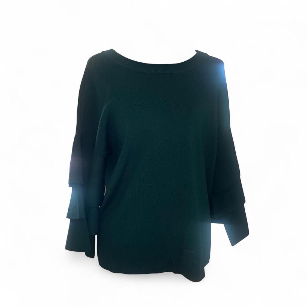 INC International Concepts Women's Green Knit Sweater with Ruffle Sleeves SZ M